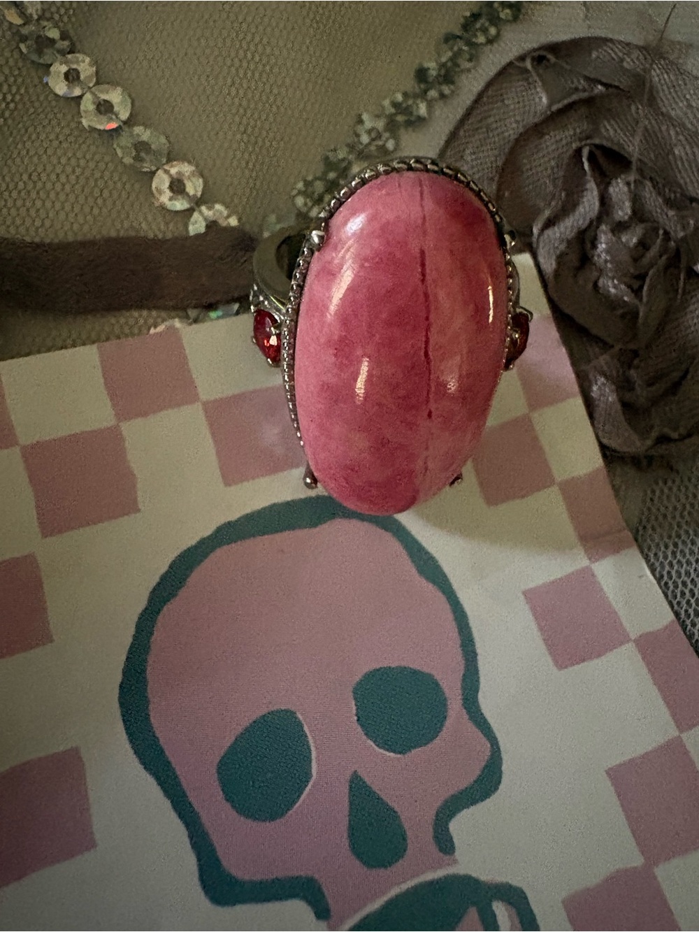 Rhodonite and Simulated Orange Diamond Ring Sz 8